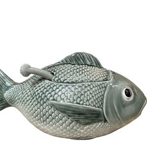 Vintage~ Majolica Fish Soup Tureen With Serving Spoon Ladel